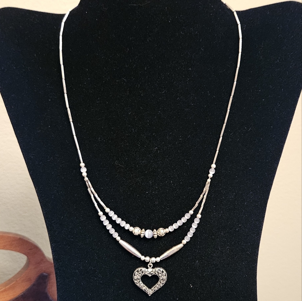 HEART NECKLACE Beaded Silver Tone w Milky White Stones. Women Girl's NWOT